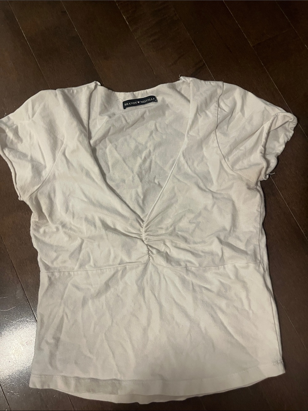 Brandy Melville White V-Neck Ruched Short Sleeve Tee